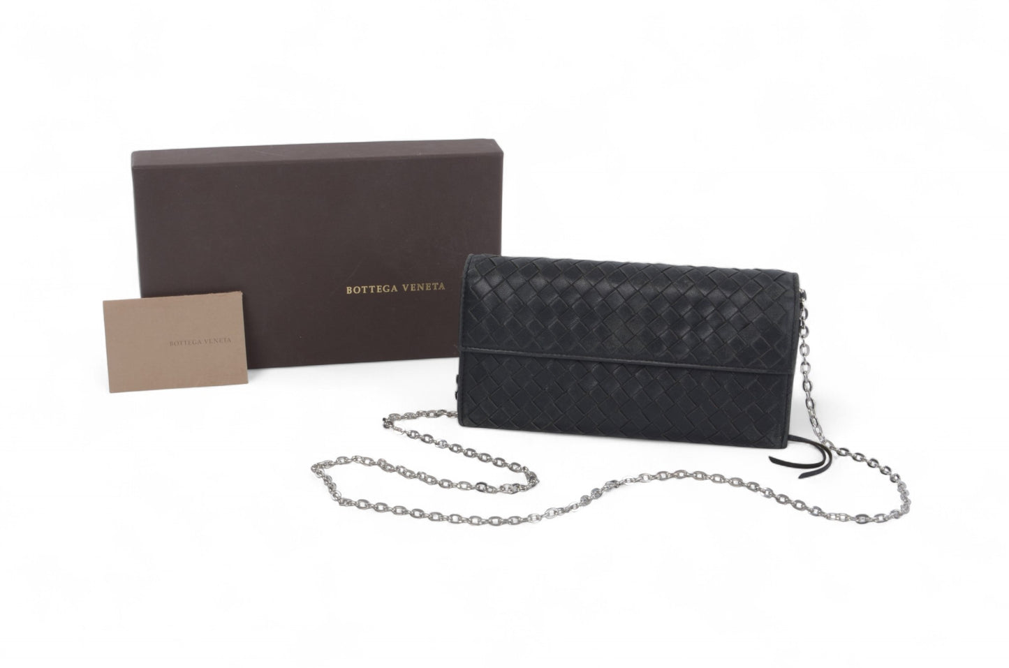 Bottega Veneta Intrecciato Leather Bifold Long Wallet Cardholder Crossbody Bag Black Designer Classic