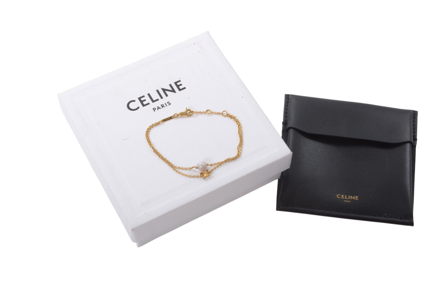 Celine Vintage Triomphe Pearl Logo Bracelet Link Chain Designer Classic Gold