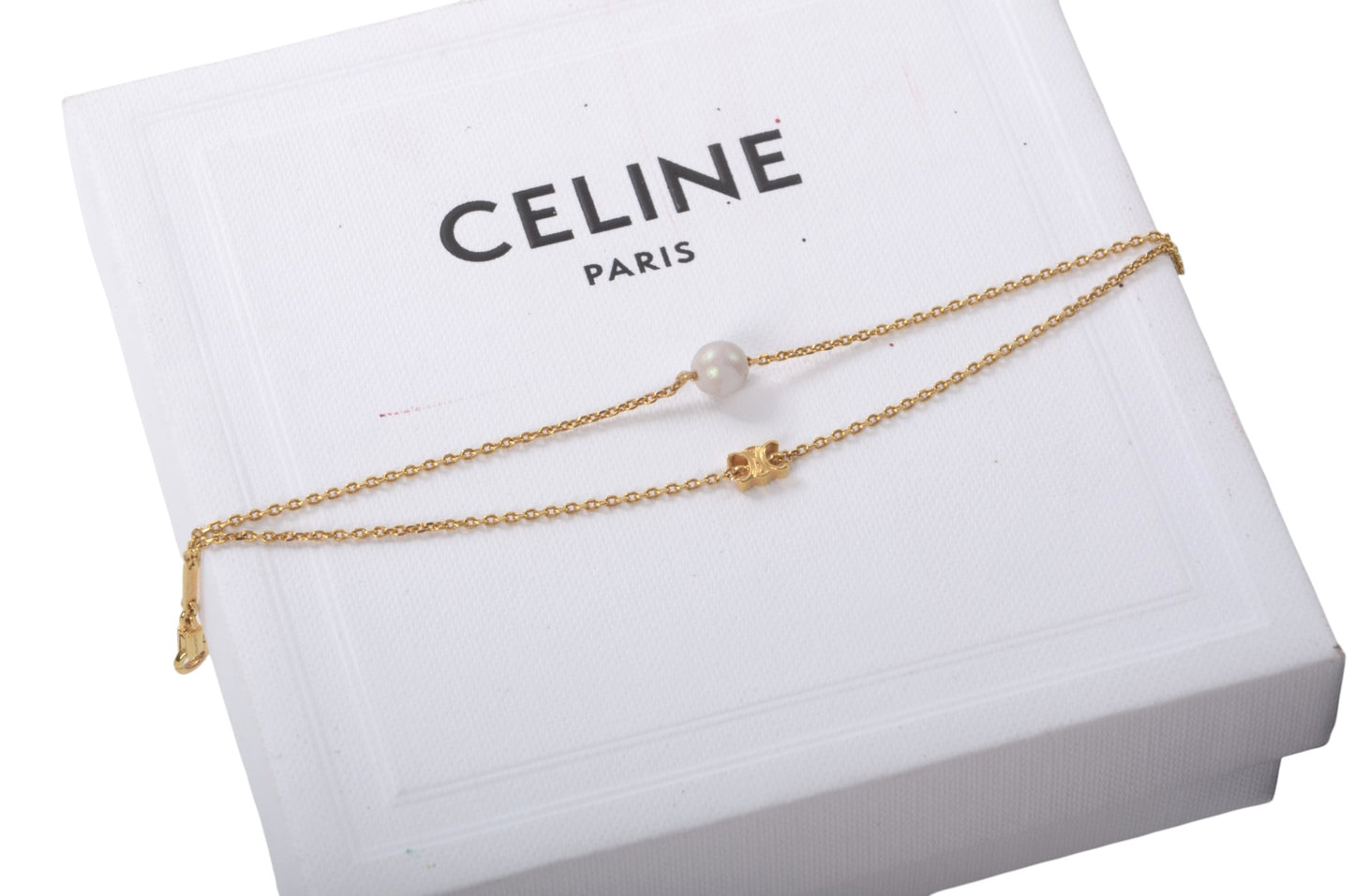Celine Vintage Triomphe Pearl Logo Bracelet Link Chain Designer Classic Gold