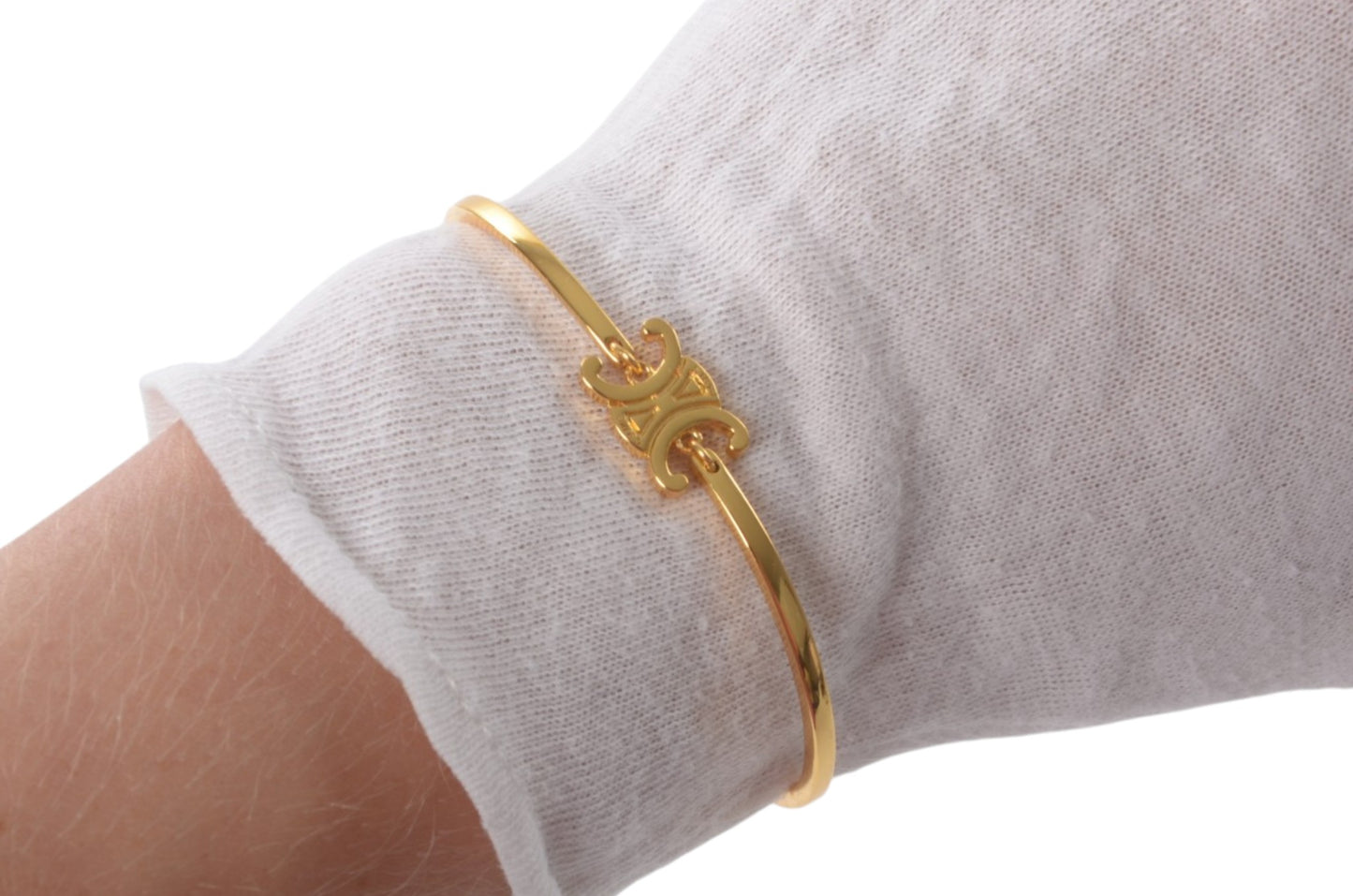 Celine Vintage Triomphe Bracelet Bangle Gold tone Designer Classic Authentic