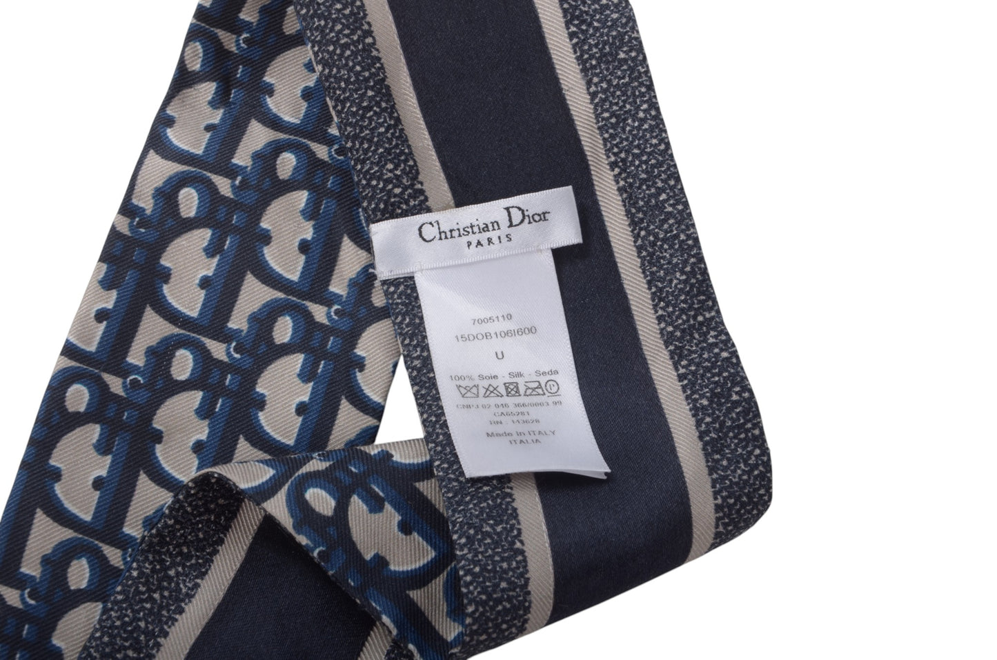 Christian Dior Twilly Scarf Monogram Pattern Band Silk Ribbon Multicolor Blue White Designer Classic