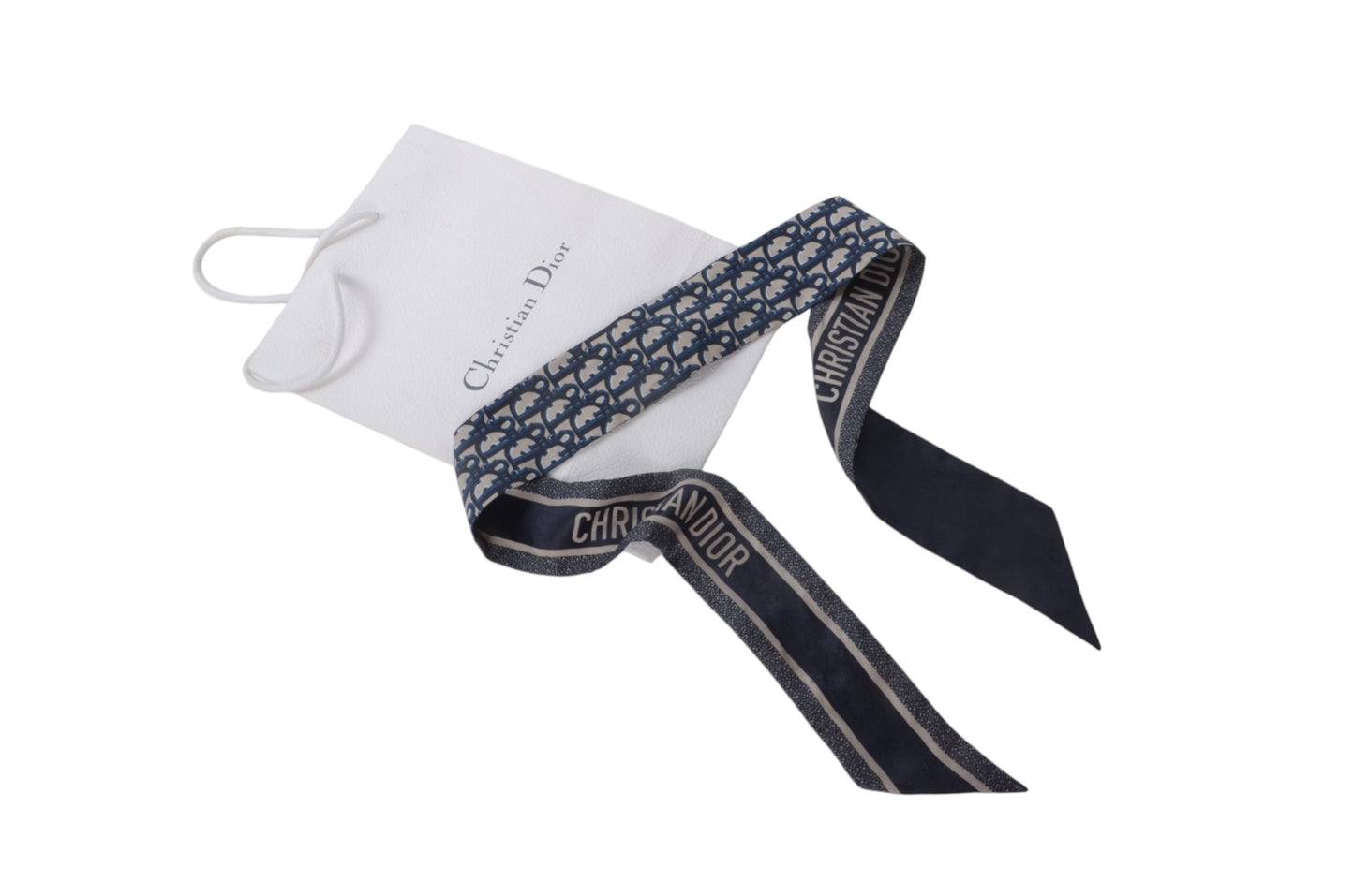 Christian Dior Twilly Scarf Monogram Pattern Band Silk Ribbon Multicolor Blue White Designer Classic