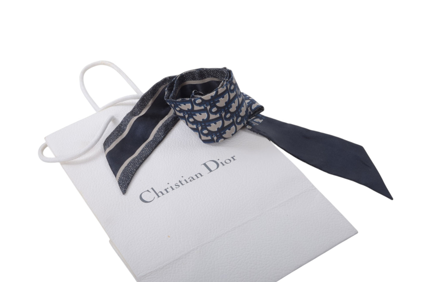 Christian Dior Twilly Scarf Monogram Pattern Band Silk Ribbon Multicolor Blue White Designer Classic
