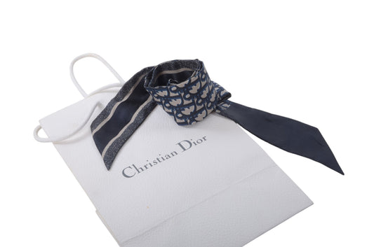 Christian Dior Twilly Scarf Monogram Pattern Band Silk Ribbon Multicolor Blue White Designer Classic