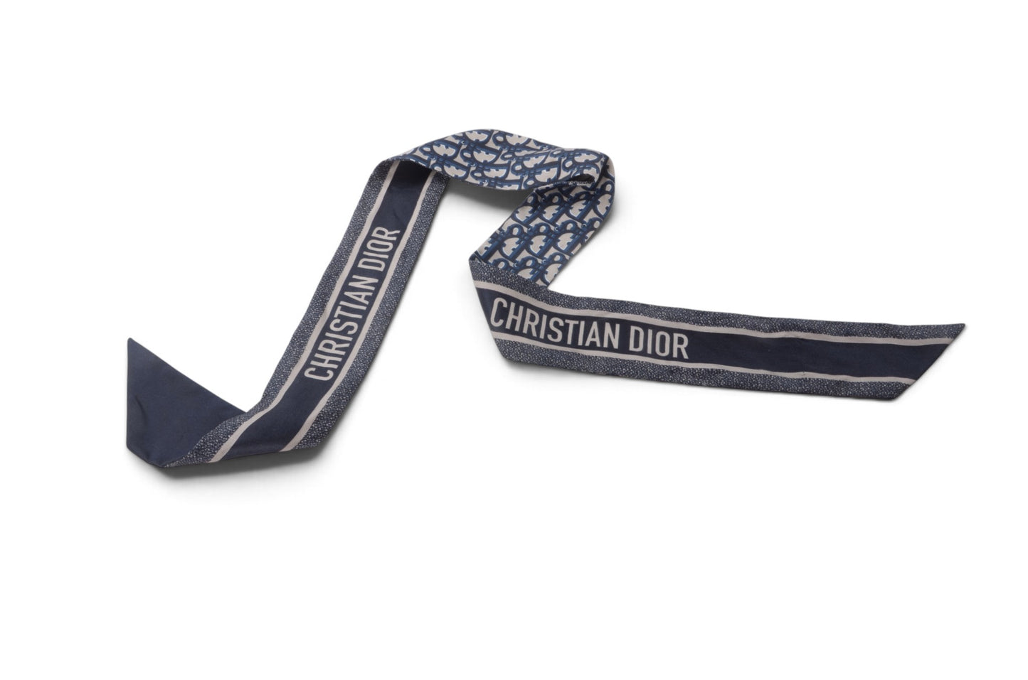 Christian Dior Twilly Scarf Monogram Pattern Band Silk Ribbon Multicolor Blue White Designer Classic