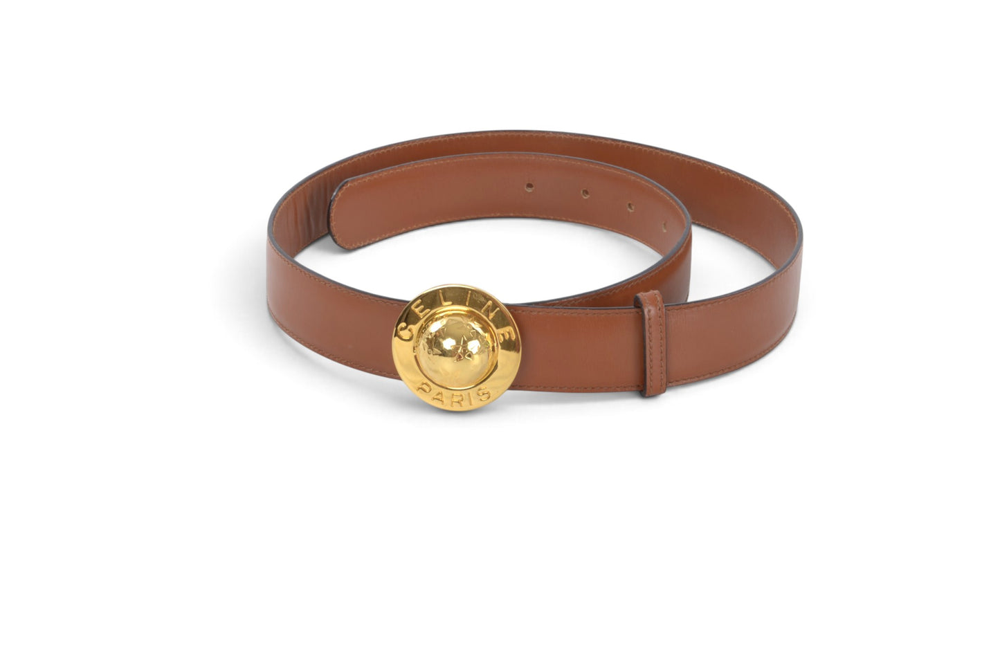 Celine Vintage Leather Belt Circle Star Ball Hardware Women's Brown Gold Buckle Designer Classic