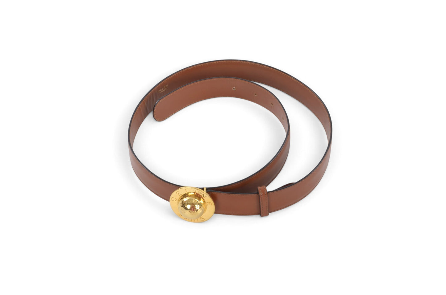 Celine Vintage Leather Belt Circle Star Ball Hardware Women's Brown Gold Buckle Designer Classic