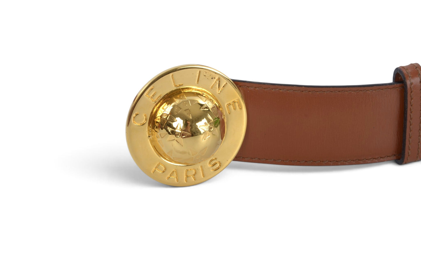 Celine Vintage Leather Belt Circle Star Ball Hardware Women's Brown Gold Buckle Designer Classic