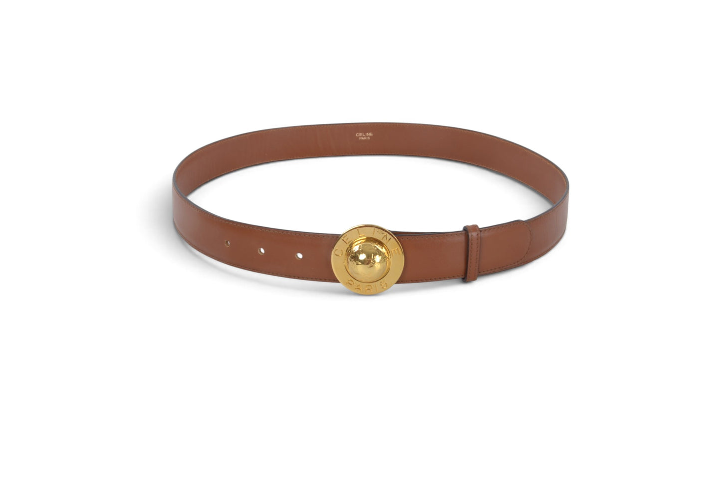 Celine Vintage Leather Belt Circle Star Ball Hardware Women's Brown Gold Buckle Designer Classic