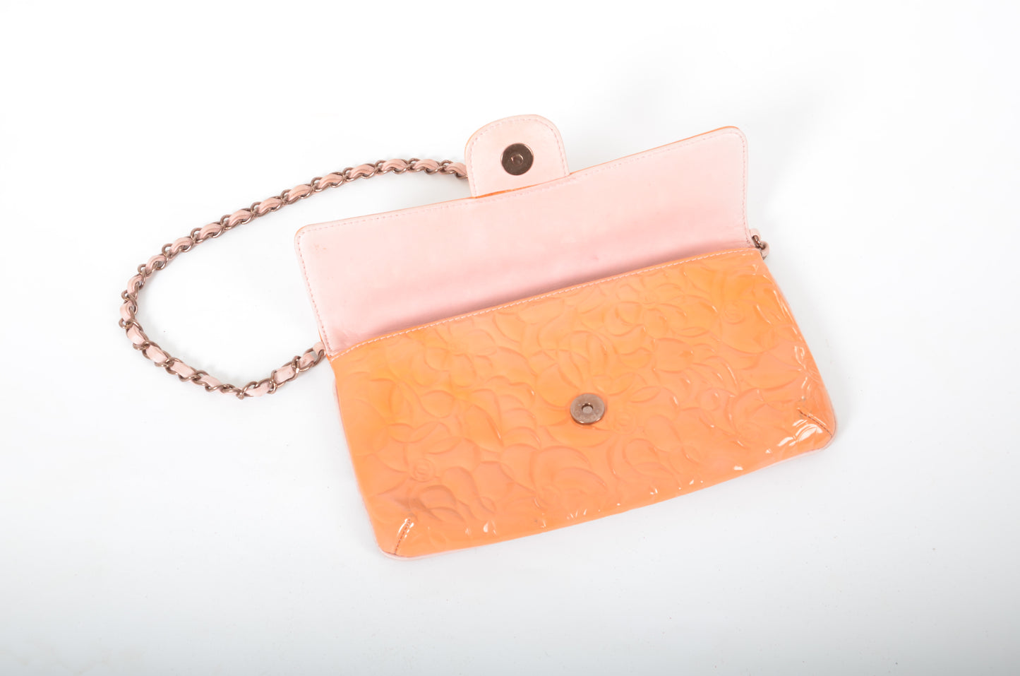 Chanel Chain Shoulder Camellia Coco Enamel Bag Hand Bag Orange Flower Patent Leather Flap Bag