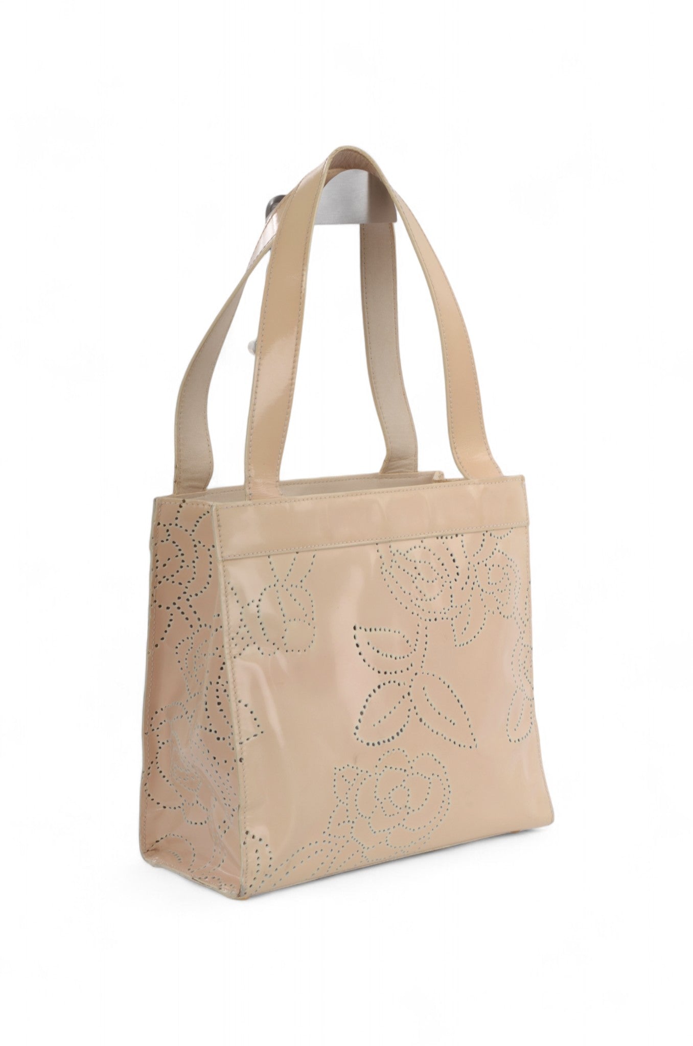 Chanel CC Vintage Camellia Perforated Tote Patent Leather Handbag Shoulder Bag Beige Flowers Designer Classic Authentic