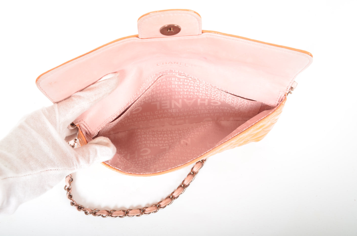 Chanel Chain Shoulder Camellia Coco Enamel Bag Hand Bag Orange Flower Patent Leather Flap Bag