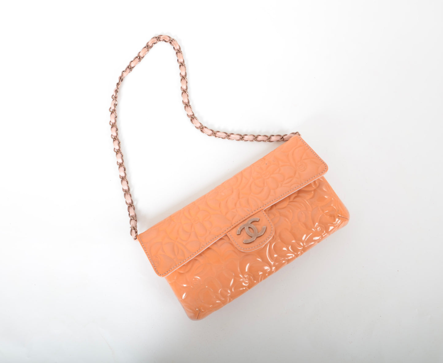 Chanel Chain Shoulder Camellia Coco Enamel Bag Hand Bag Orange Flower Patent Leather Flap Bag