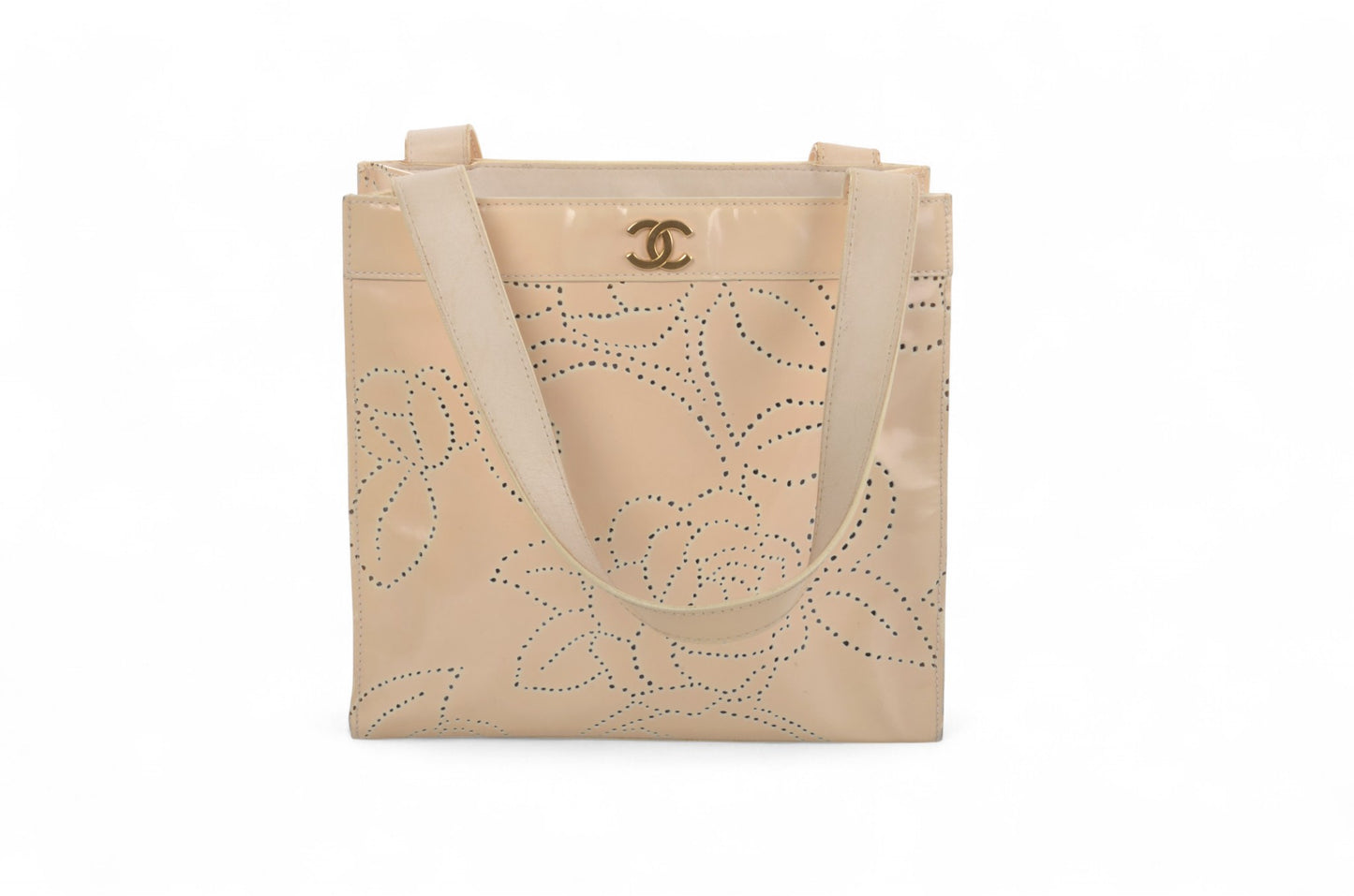 Chanel CC Vintage Camellia Perforated Tote Patent Leather Handbag Shoulder Bag Beige Flowers Designer Classic Authentic