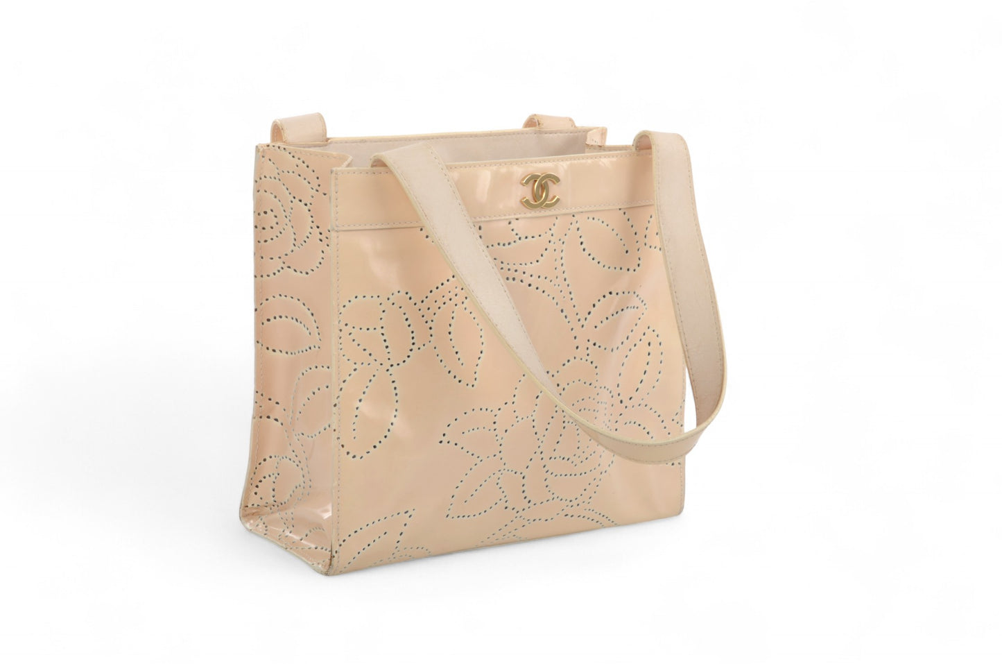 Chanel CC Vintage Camellia Perforated Tote Patent Leather Handbag Shoulder Bag Beige Flowers Designer Classic Authentic