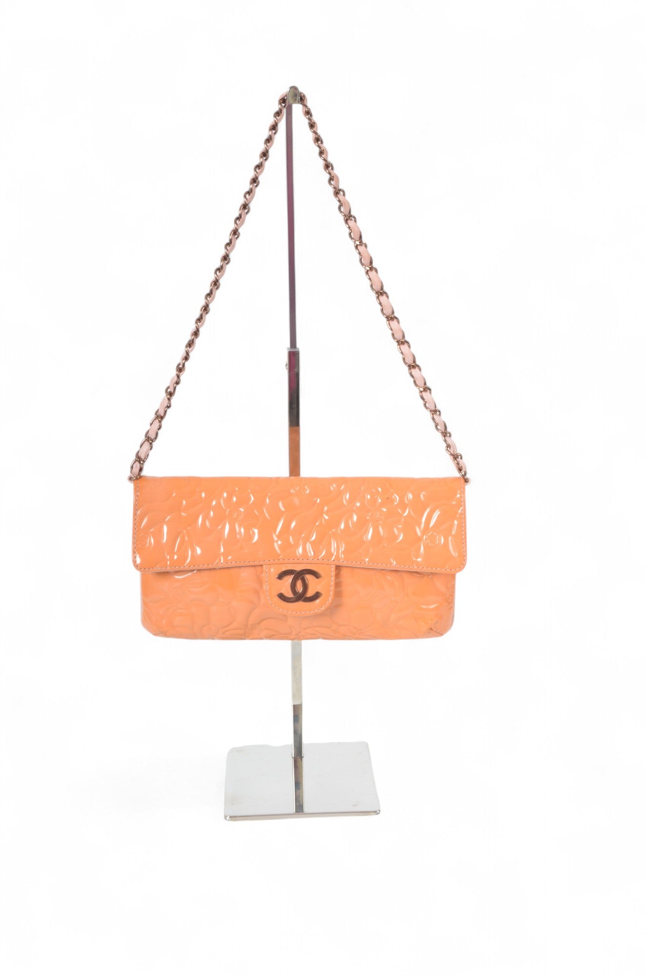 Chanel Chain Shoulder Camellia Coco Enamel Bag Hand Bag Orange Flower Patent Leather Flap Bag