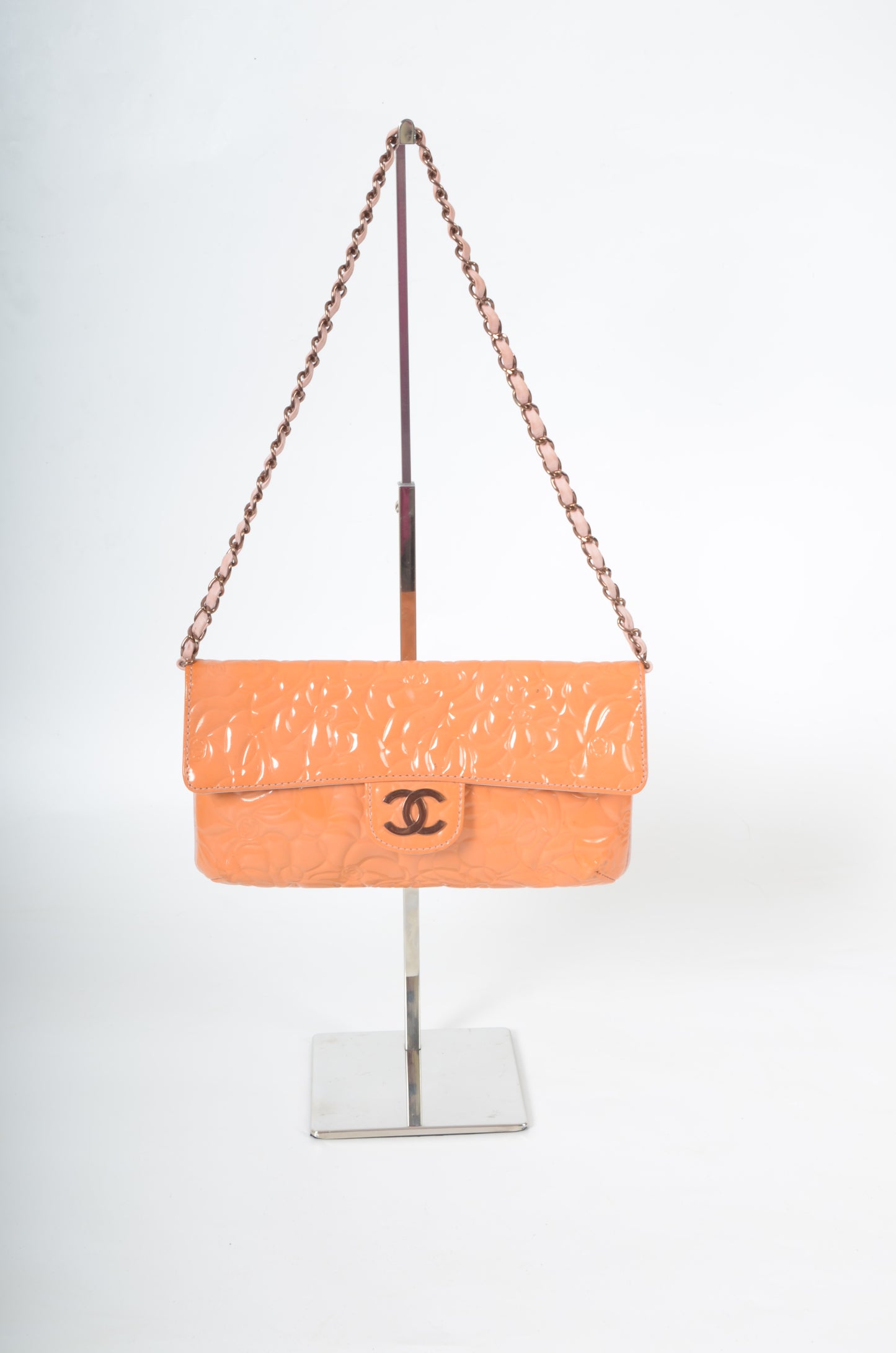 Chanel Chain Shoulder Camellia Coco Enamel Bag Hand Bag Orange Flower Patent Leather Flap Bag
