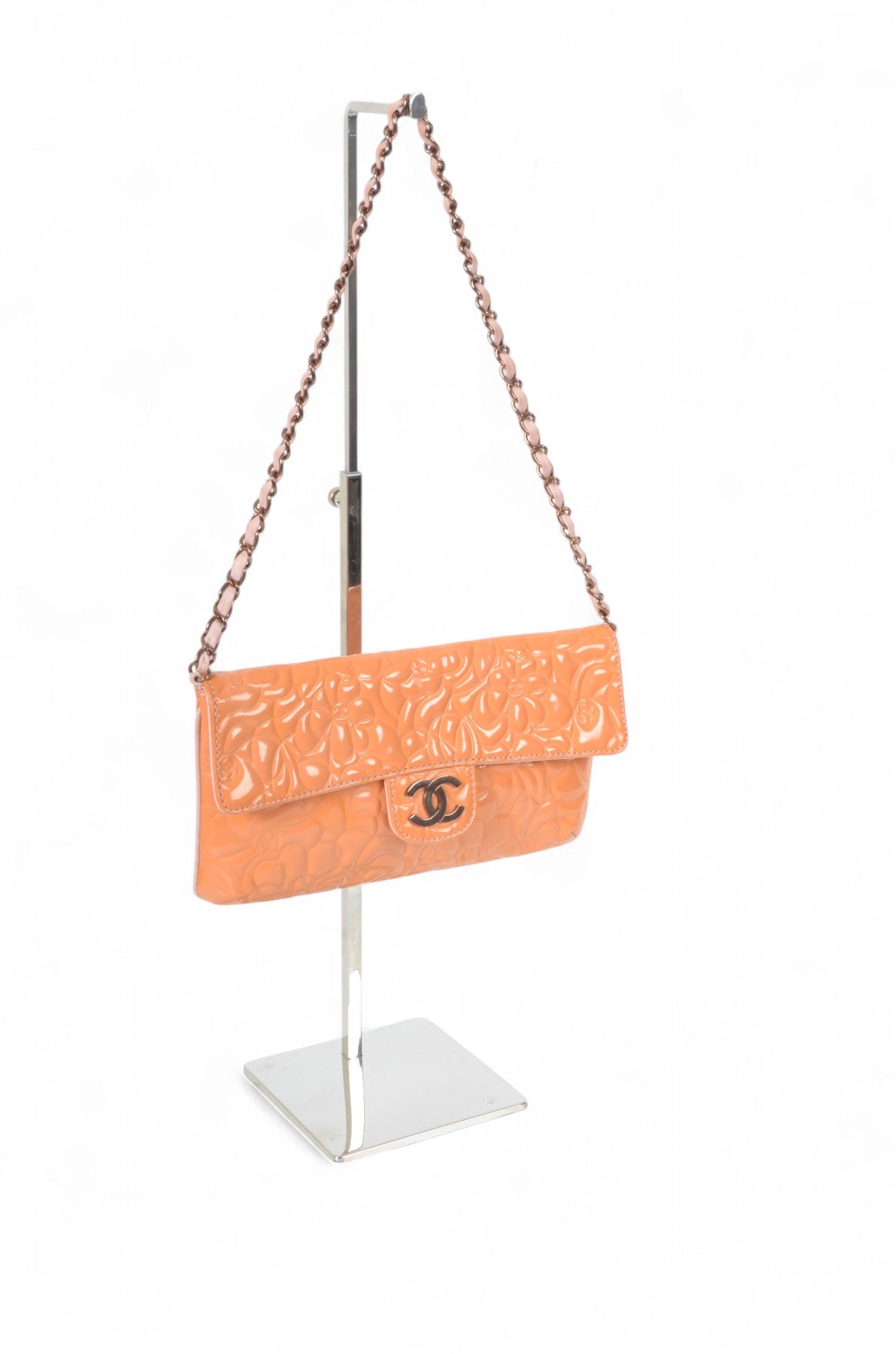 Chanel Chain Shoulder Camellia Coco Enamel Bag Hand Bag Orange Flower Patent Leather Flap Bag