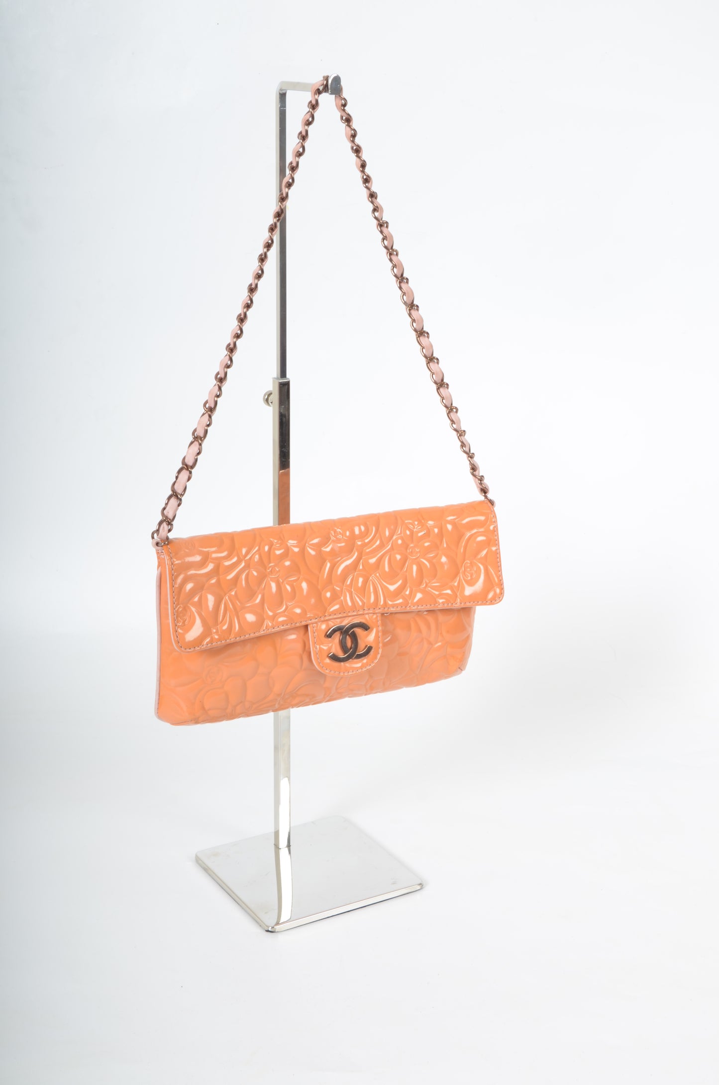Chanel Chain Shoulder Camellia Coco Enamel Bag Hand Bag Orange Flower Patent Leather Flap Bag
