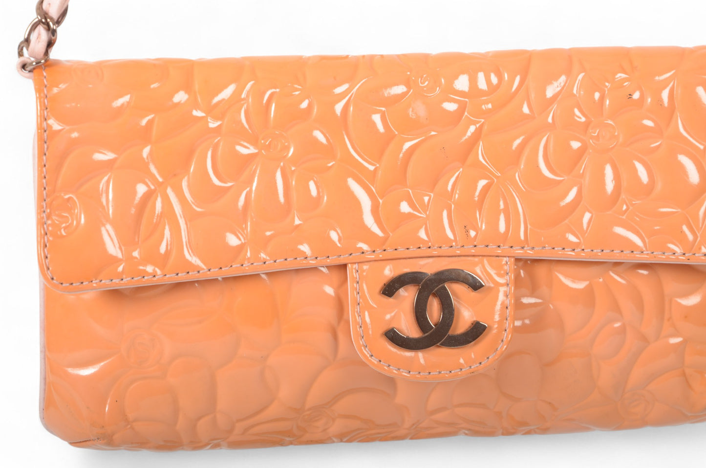 Chanel Chain Shoulder Camellia Coco Enamel Bag Hand Bag Orange Flower Patent Leather Flap Bag