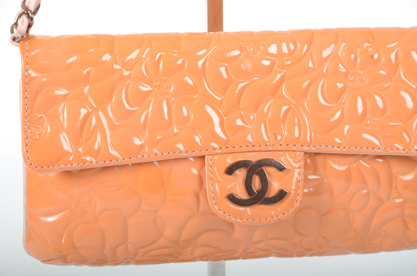 Chanel Chain Shoulder Camellia Coco Enamel Bag Hand Bag Orange Flower Patent Leather Flap Bag
