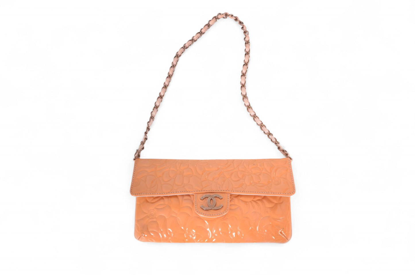 Chanel Chain Shoulder Camellia Coco Enamel Bag Hand Bag Orange Flower Patent Leather Flap Bag