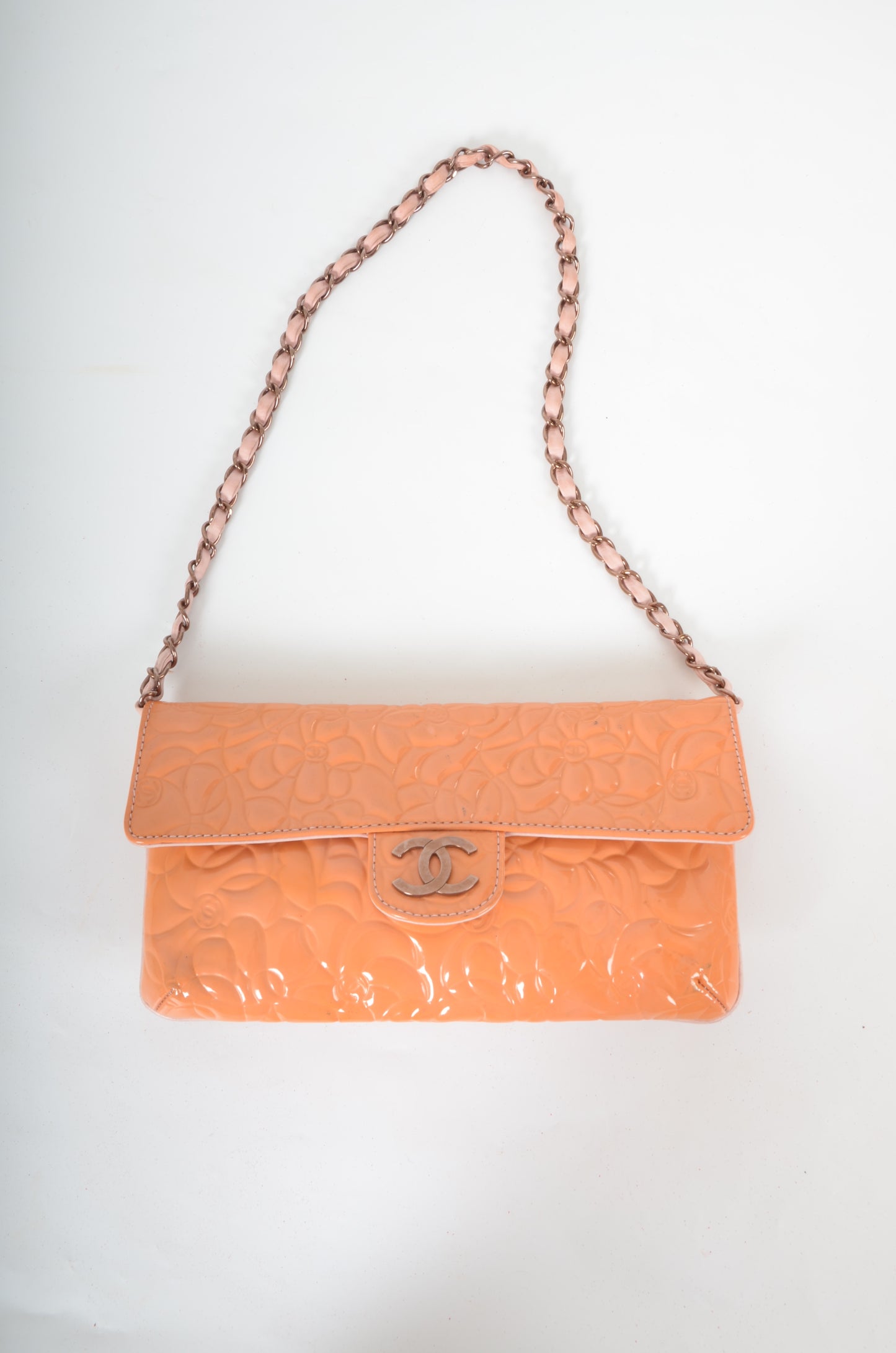 Chanel Chain Shoulder Camellia Coco Enamel Bag Hand Bag Orange Flower Patent Leather Flap Bag