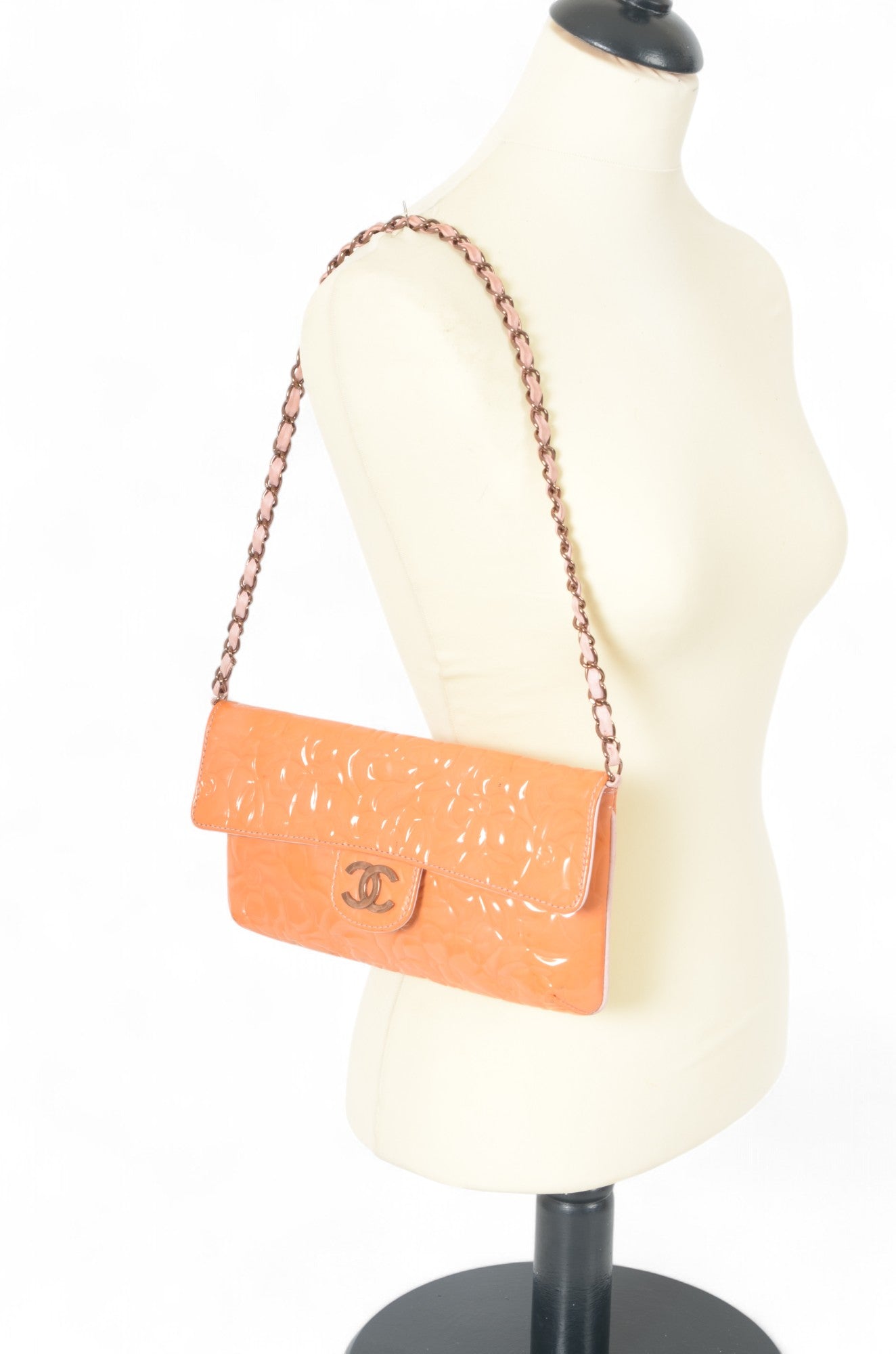 Chanel Chain Shoulder Camellia Coco Enamel Bag Hand Bag Orange Flower Patent Leather Flap Bag