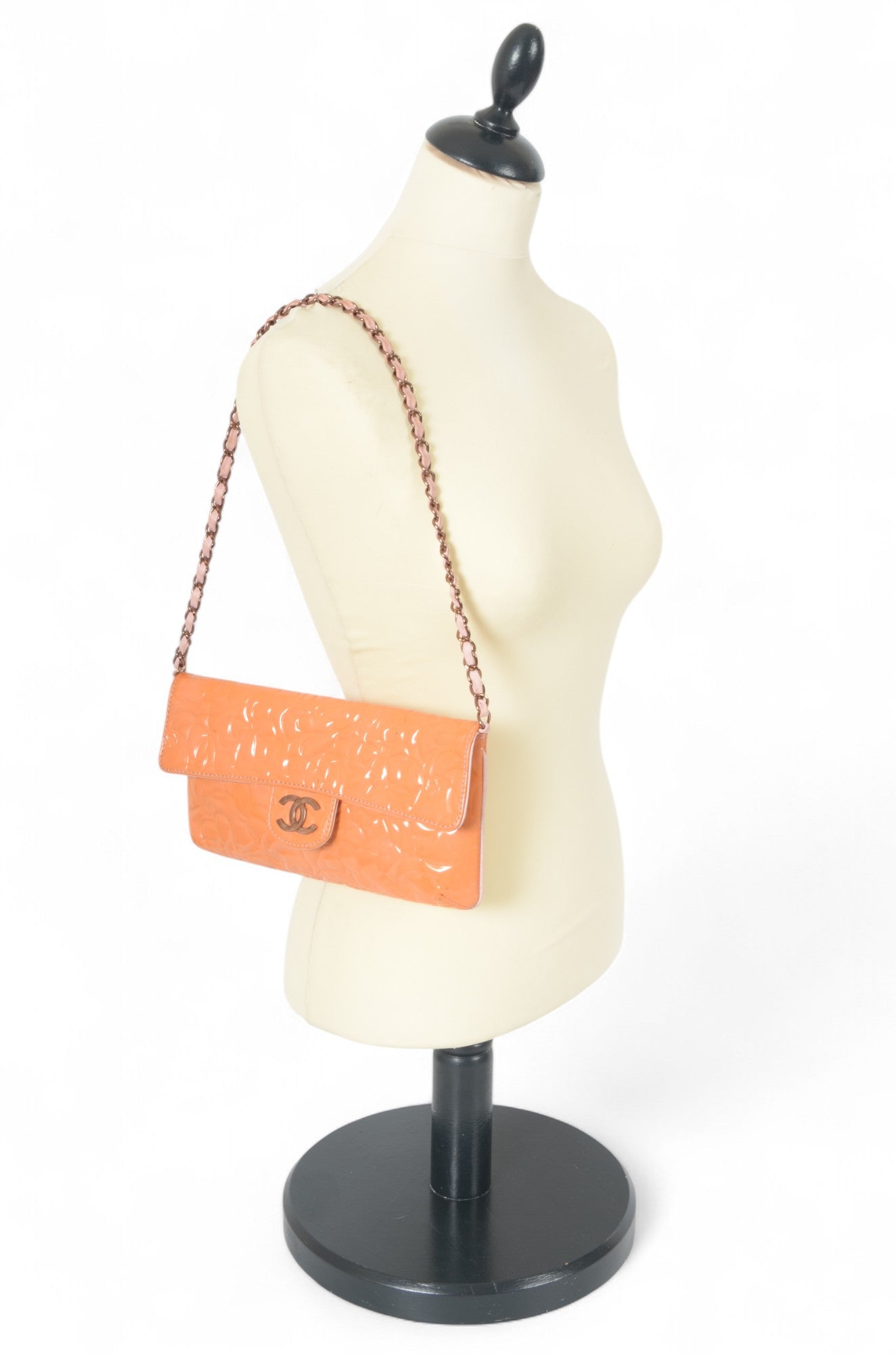 Chanel Chain Shoulder Camellia Coco Enamel Bag Hand Bag Orange Flower Patent Leather Flap Bag