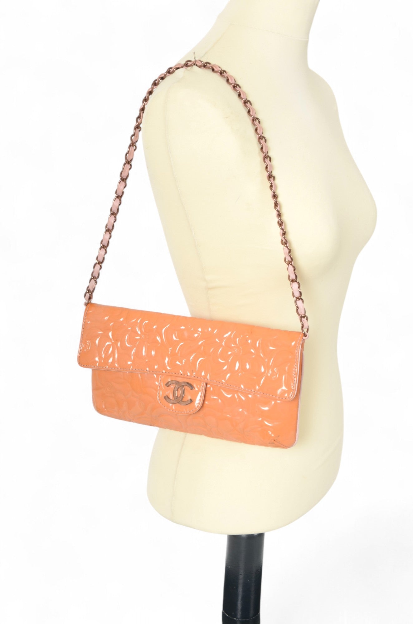 Chanel Chain Shoulder Camellia Coco Enamel Bag Hand Bag Orange Flower Patent Leather Flap Bag