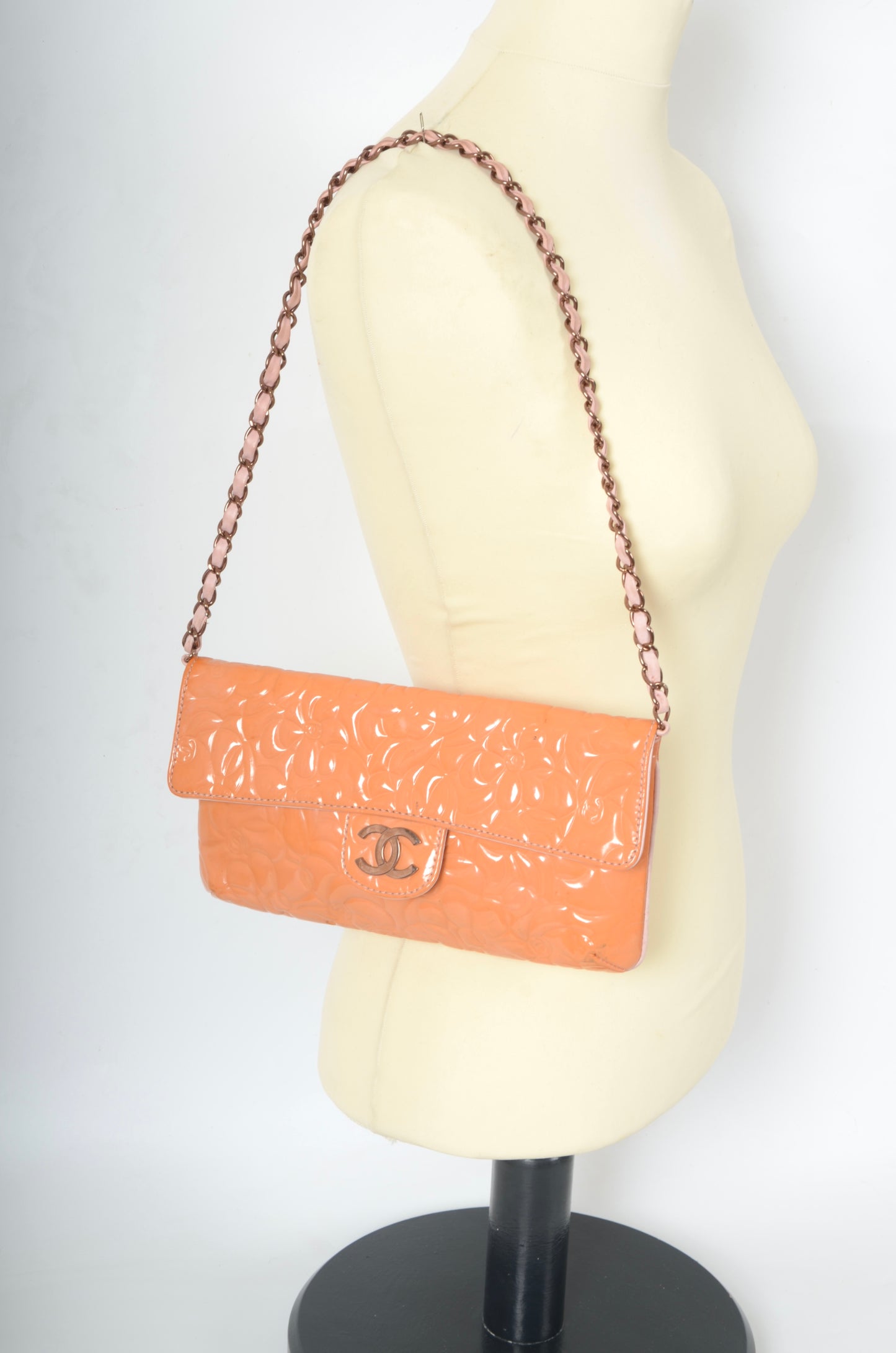 Chanel Chain Shoulder Camellia Coco Enamel Bag Hand Bag Orange Flower Patent Leather Flap Bag