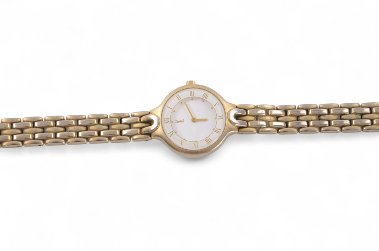 YSL Yves Saint Laurent Quartz Ivory Metal Ladies Wrist Watch Waterproof Wristwatch Vintage Gold