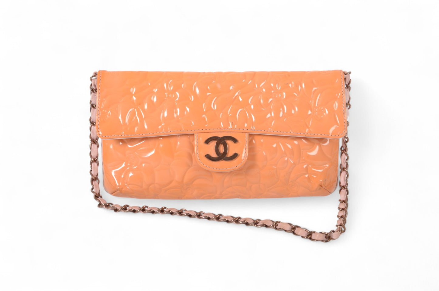 Chanel Chain Shoulder Camellia Coco Enamel Bag Hand Bag Orange Flower Patent Leather Flap Bag
