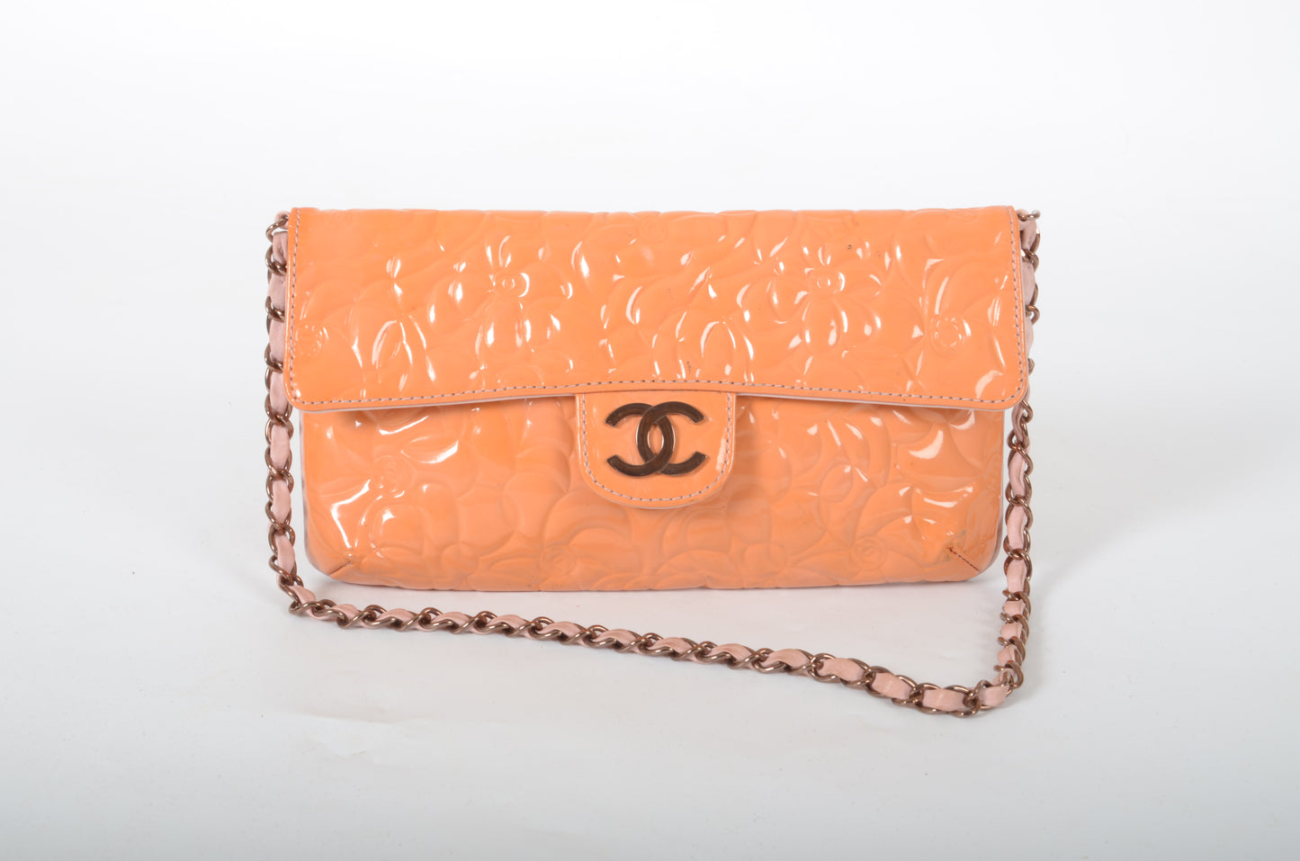 Chanel Chain Shoulder Camellia Coco Enamel Bag Hand Bag Orange Flower Patent Leather Flap Bag