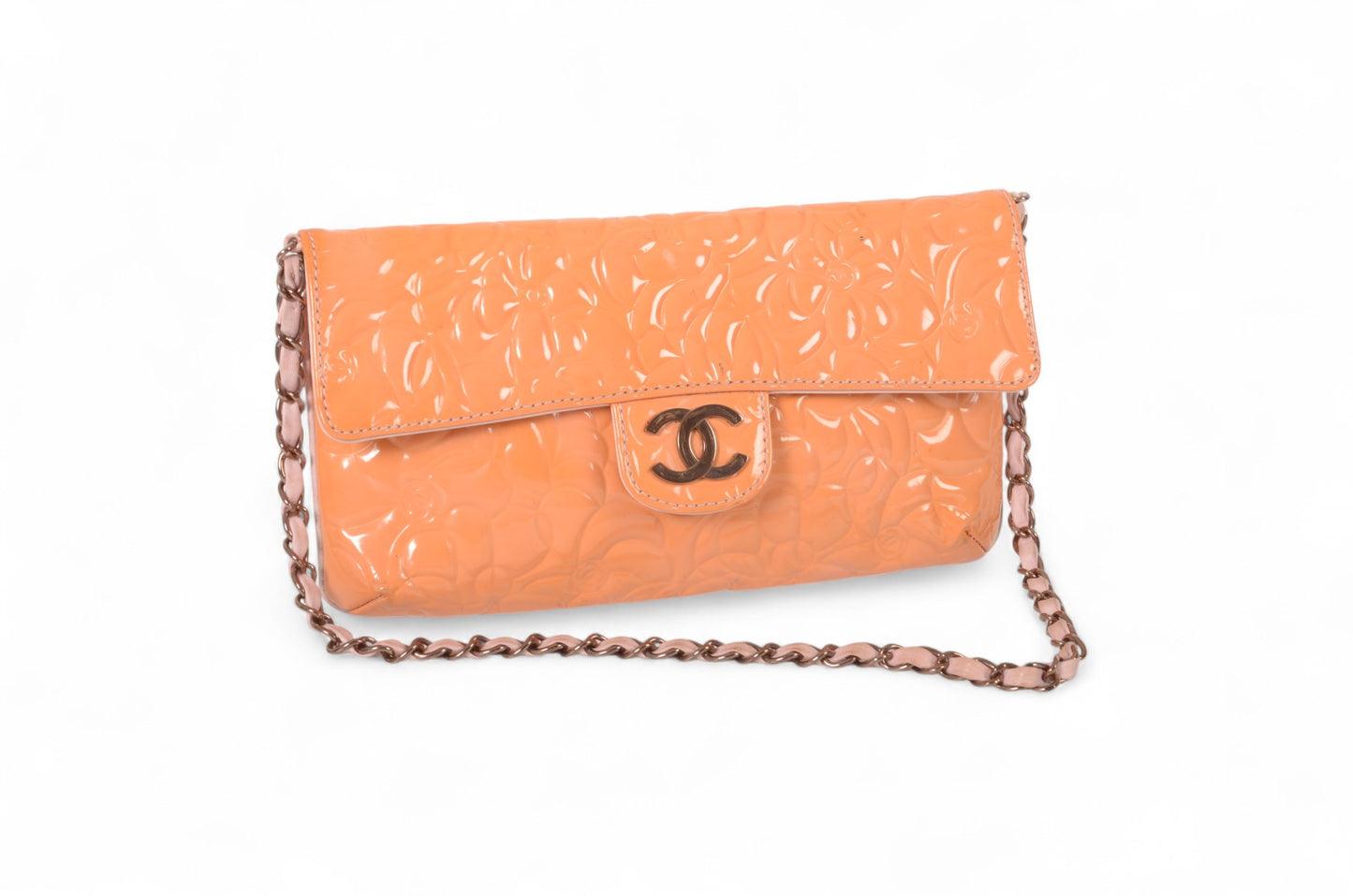 Chanel Chain Shoulder Camellia Coco Enamel Bag Hand Bag Orange Flower Patent Leather Flap Bag