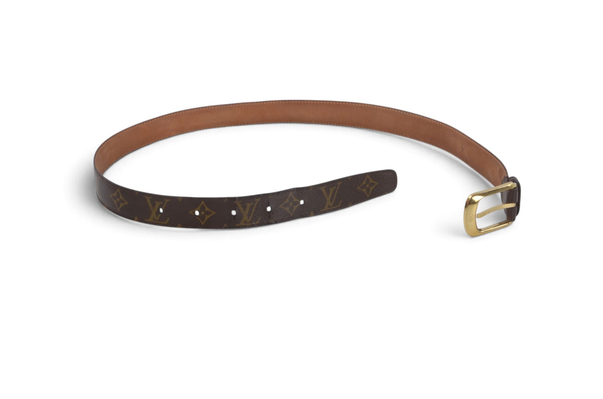 Louis Vuitton Vintage Belt Gold Buckle Monogram Canvas Leather Brown Designer Classic