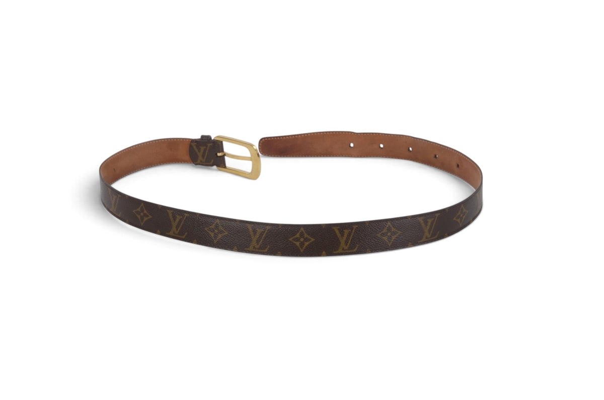 Louis Vuitton Vintage Belt Gold Buckle Monogram Canvas Leather Brown Designer Classic