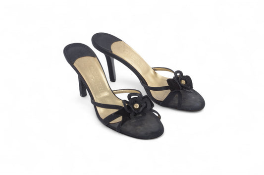 Chanel Camellia Sandals Heels Mules Interlocking CC Logo Flower Vintage Slides  Size 36,5