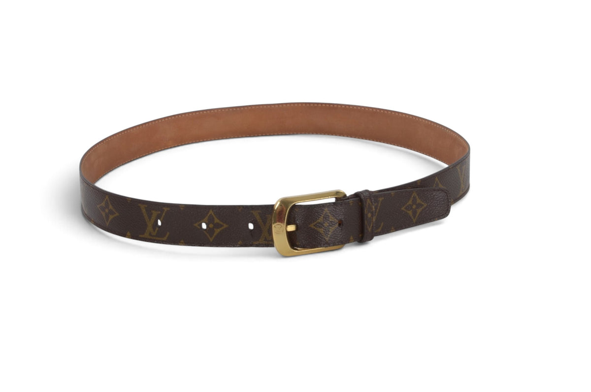 Louis Vuitton Vintage Belt Gold Buckle Monogram Canvas Leather Brown Designer Classic