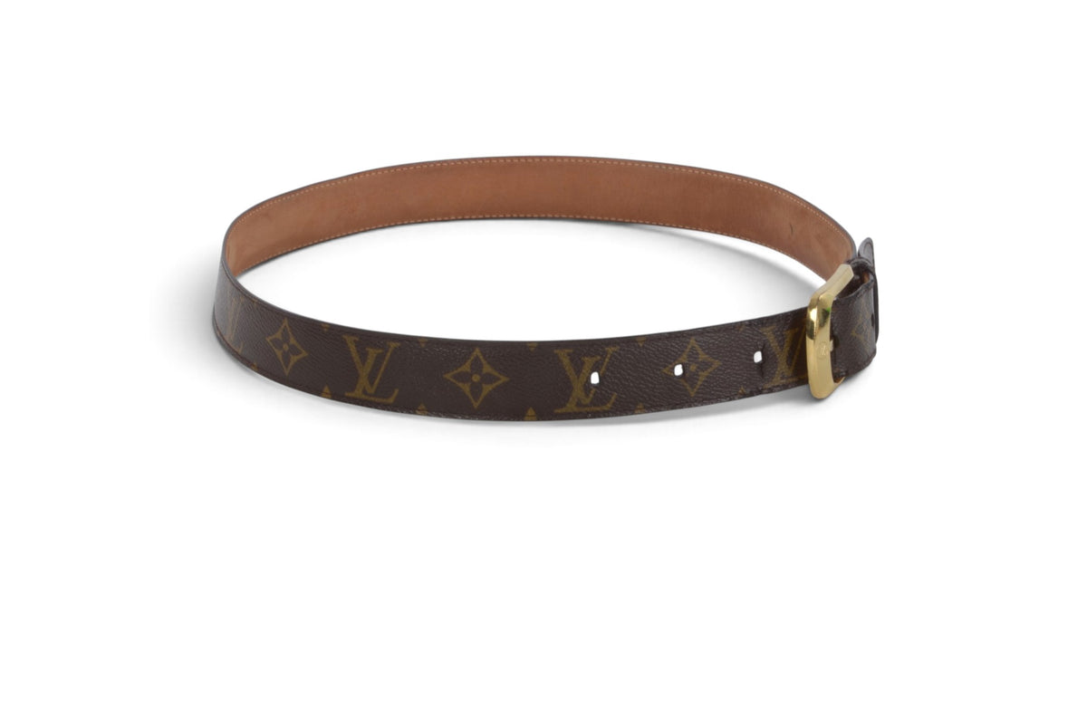 Louis Vuitton Vintage Belt Gold Buckle Monogram Canvas Leather Brown Designer Classic