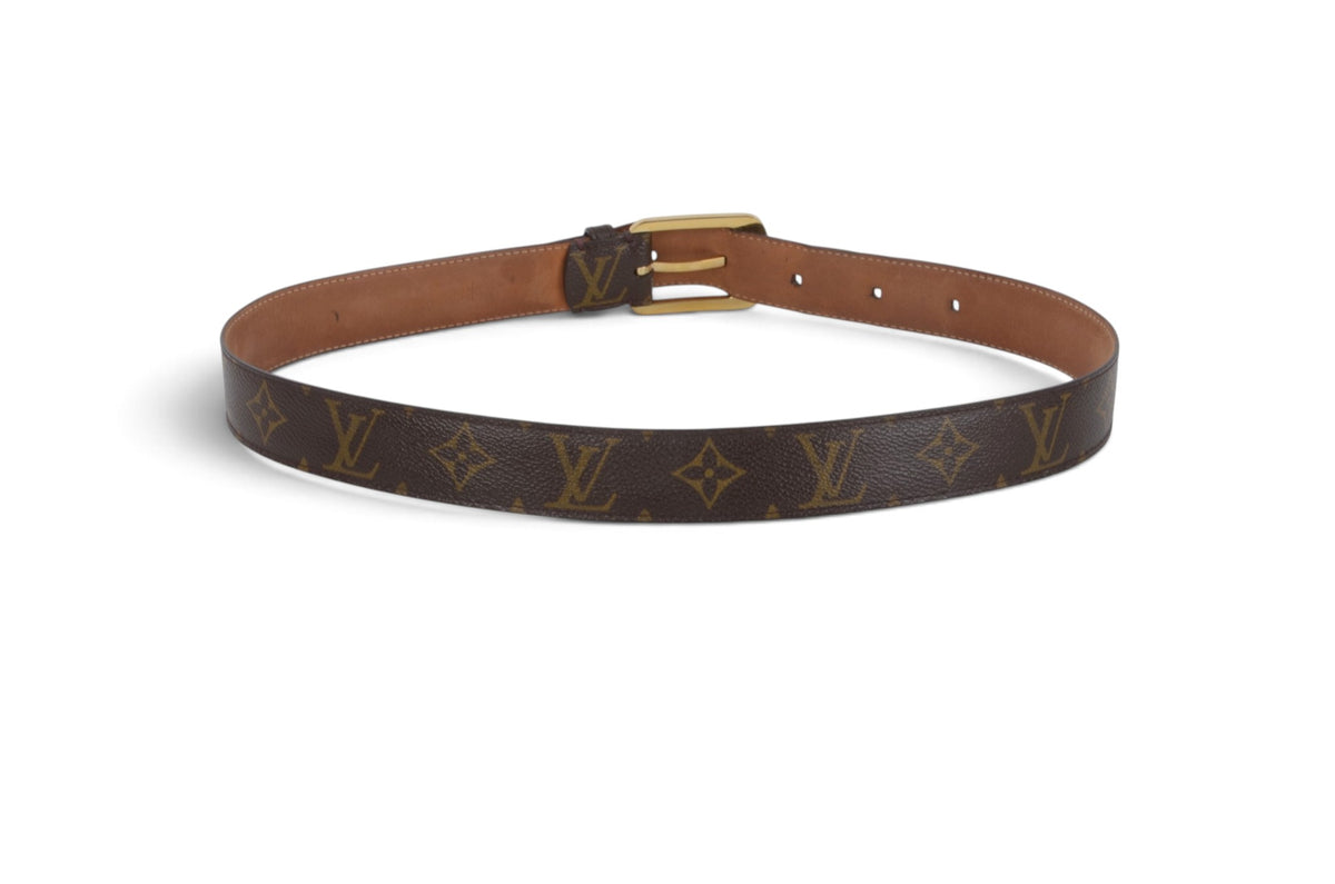 Louis Vuitton Vintage Belt Gold Buckle Monogram Canvas Leather Brown Designer Classic