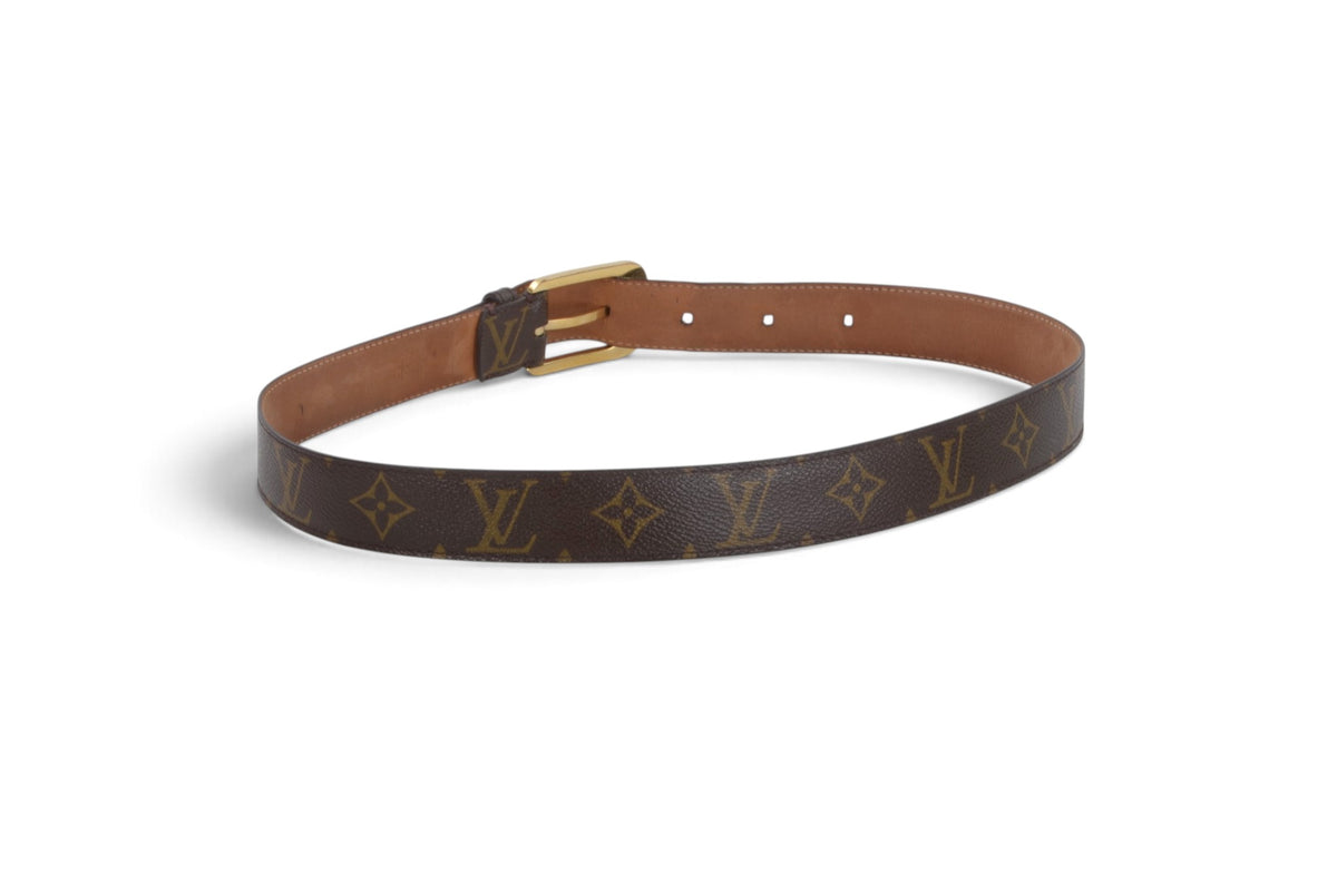 Louis Vuitton Vintage Belt Gold Buckle Monogram Canvas Leather Brown Designer Classic