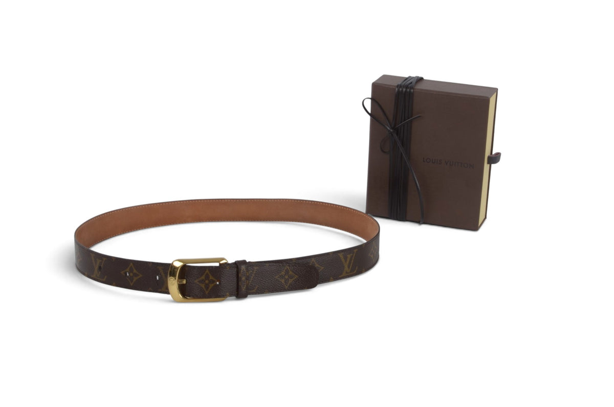 Louis Vuitton Vintage Belt Gold Buckle Monogram Canvas Leather Brown Designer Classic