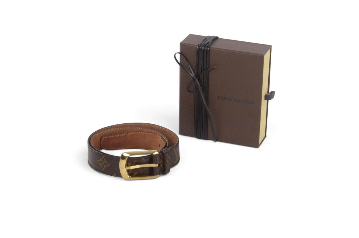 Louis Vuitton Vintage Belt Gold Buckle Monogram Canvas Leather Brown Designer Classic