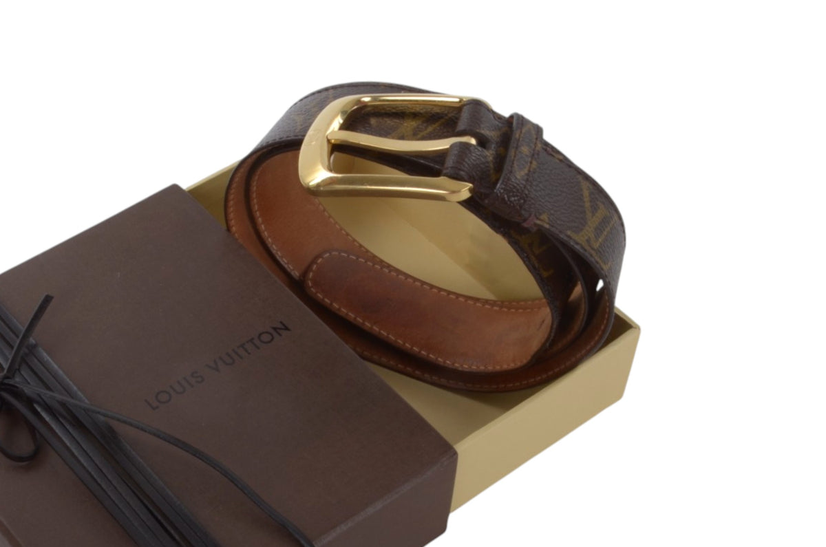 Louis Vuitton Vintage Belt Gold Buckle Monogram Canvas Leather Brown Designer Classic