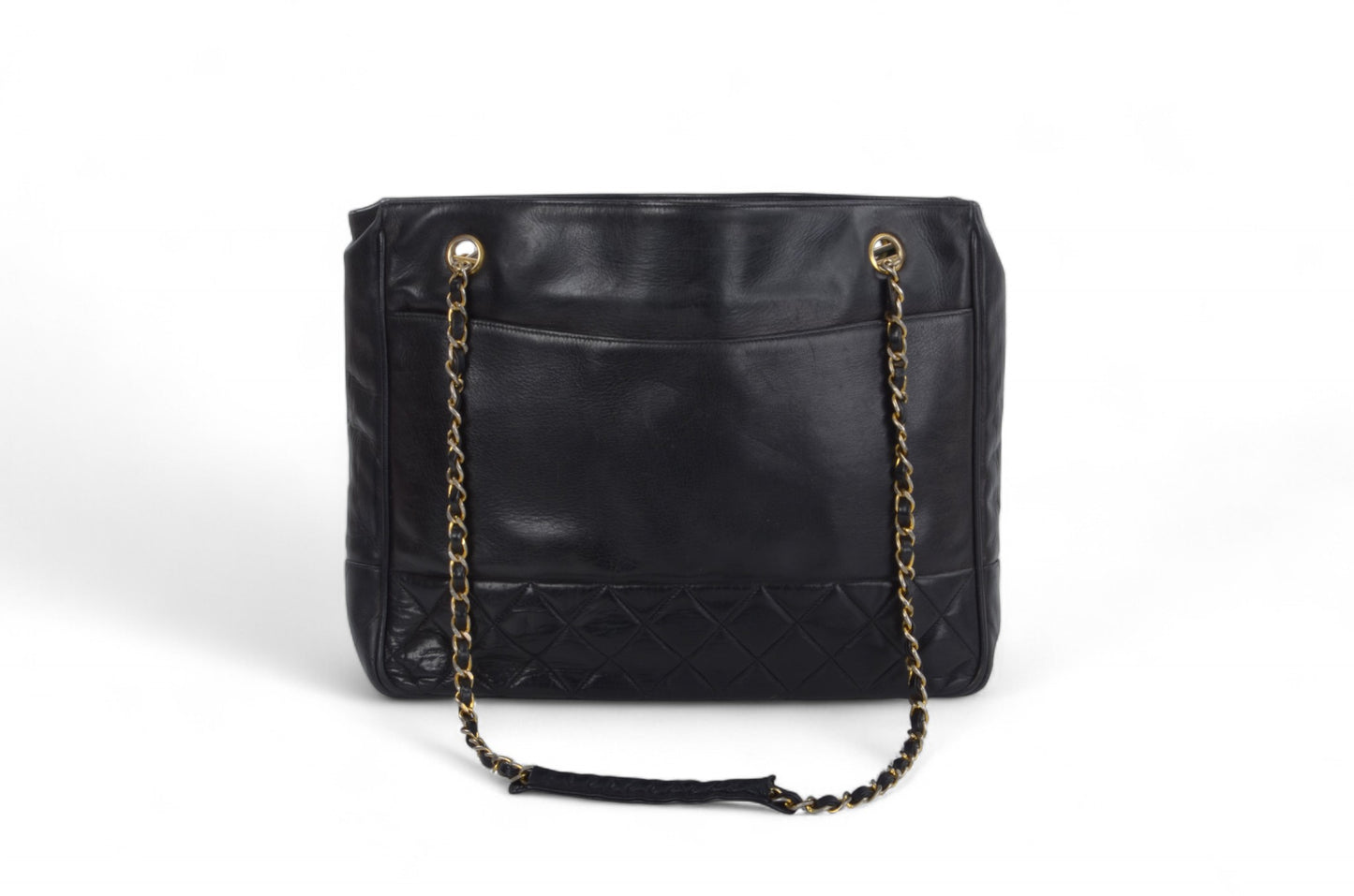 Chanel Matelasse Quilted Lambskin Chain Tote Handbag Leather Black Shoulder Gold Vintage Designer Classic Authentic