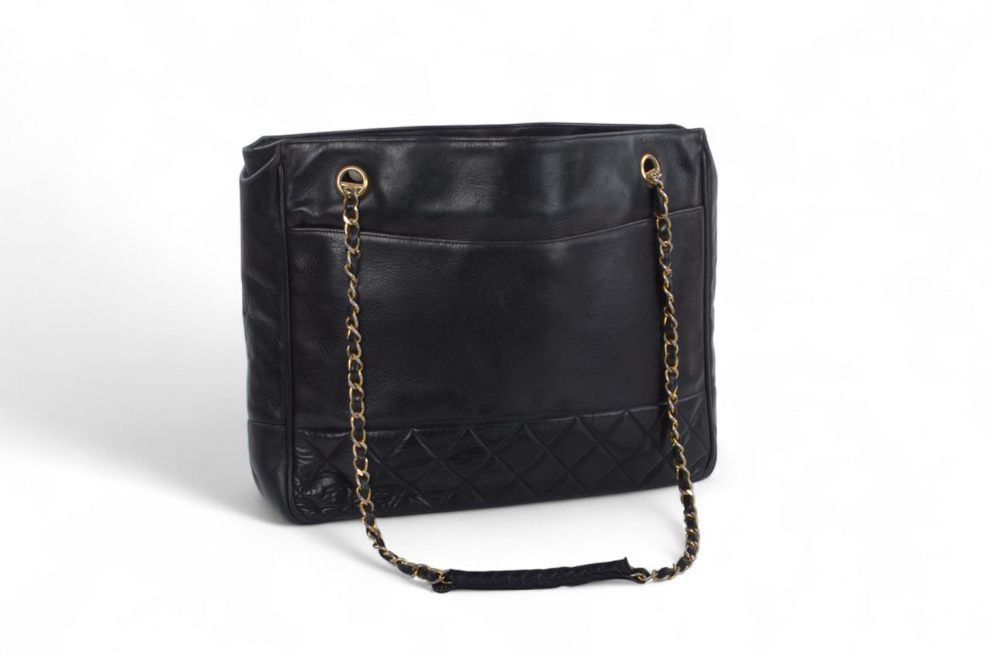 Chanel Matelasse Quilted Lambskin Chain Tote Handbag Leather Black Shoulder Gold Vintage Designer Classic Authentic