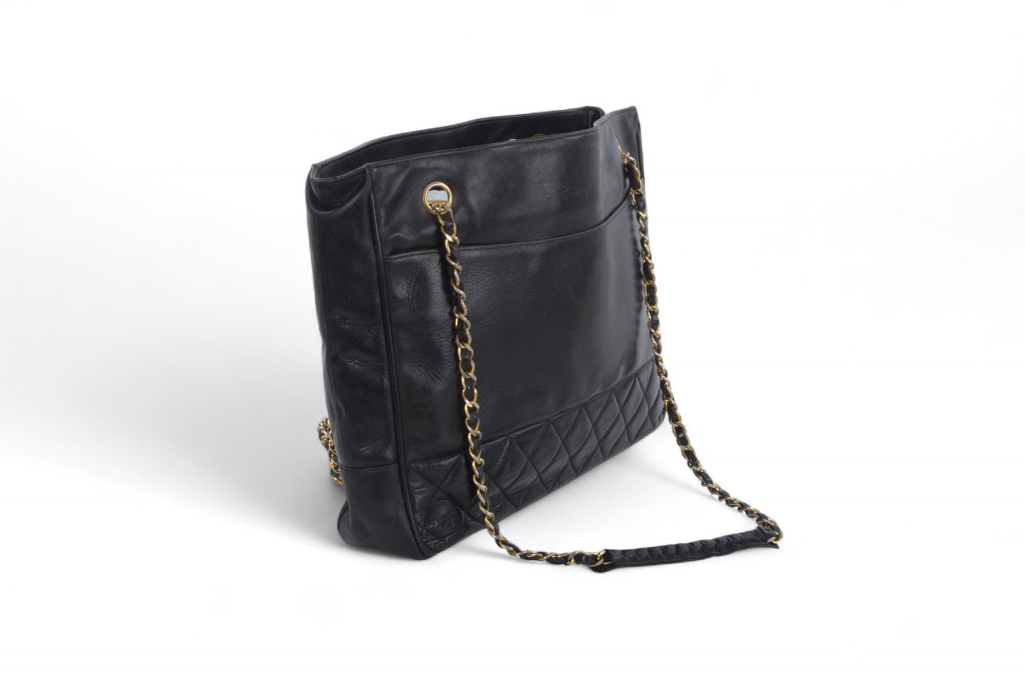 Chanel Matelasse Quilted Lambskin Chain Tote Handbag Leather Black Shoulder Gold Vintage Designer Classic Authentic