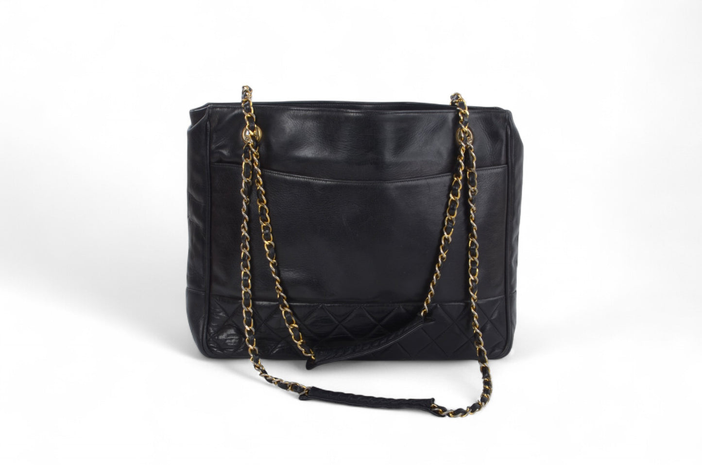 Chanel Matelasse Quilted Lambskin Chain Tote Handbag Leather Black Shoulder Gold Vintage Designer Classic Authentic