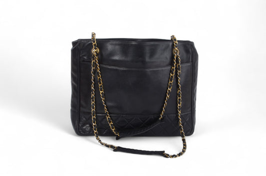 Chanel Matelasse Quilted Lambskin Chain Tote Handbag Leather Black Shoulder Gold Vintage Designer Classic Authentic